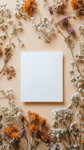 Blank canvas surrounded by dried flowers on a soft neutral background