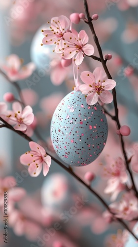 Spring blossoms and decorated egg create a vibrant celebration in a colorful ...