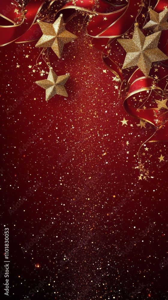 Festive holiday decoration with gold stars and red ribbons on a sparkling background Festive holiday decoration with gold stars and red ribbons on a sparkling background