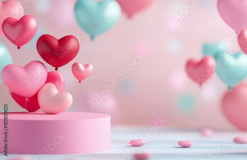 Floating hearts create a romantic atmosphere in a soft pink setting
