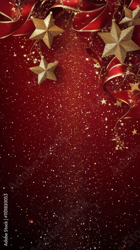 Festive holiday decoration with gold stars and red ribbons on a sparkling bac...