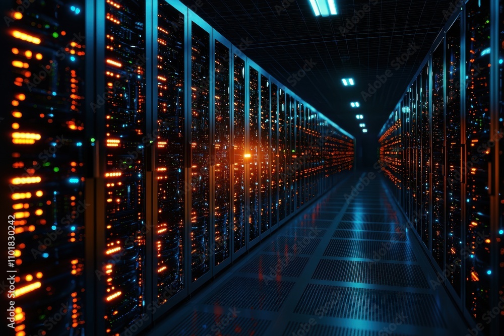 A dimly lit server room with rows of illuminated servers, showcasing an intricate network of technology and data storage. A dimly lit server room with rows of illuminated servers, showcasing an intricate network of technology and data storage.