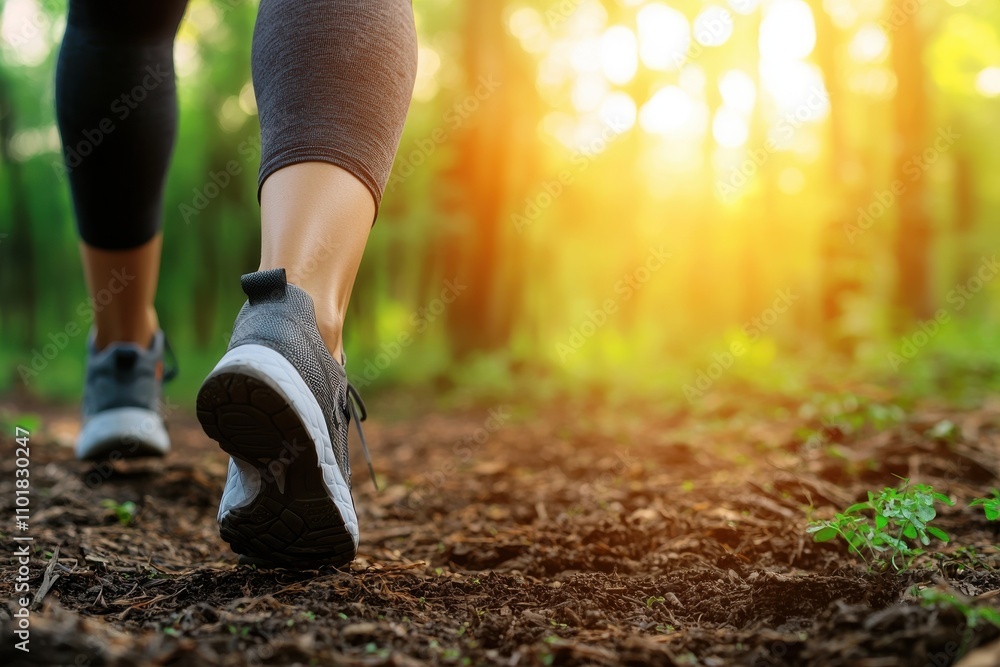 A person walks along a forest path during sunset, showcasing active lifestyle and connection with nature. A person walks along a forest path during sunset, showcasing active lifestyle and connection with nature.