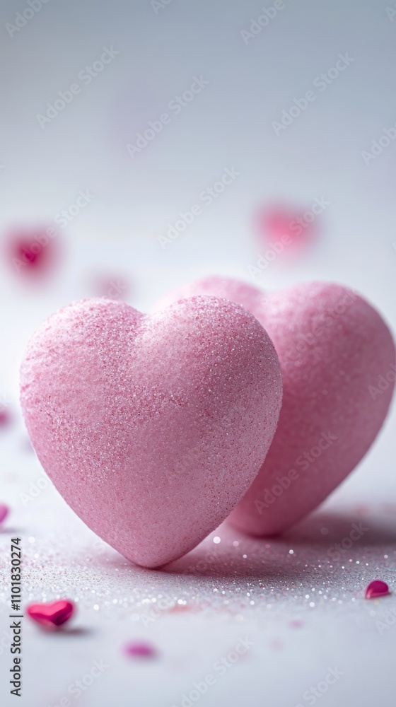 Delicate pink hearts on a soft surface surrounded by scattered petals Delicate pink hearts on a soft surface surrounded by scattered petals