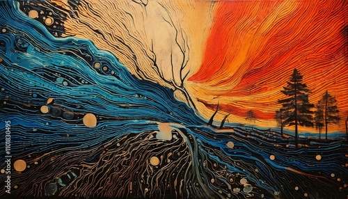 Abstract linocut art work decorative background with sunset tones