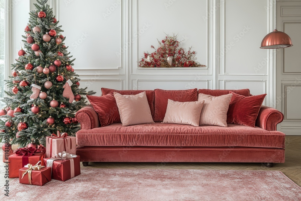 Christmas tree with gifts on a sofa against a white wall, featuring a red and pink color palette. High-resolution, clean and sharp focus. Christmas tree with gifts on a sofa against a white wall, featuring a red and pink color palette. High-resolution, clean and sharp focus.