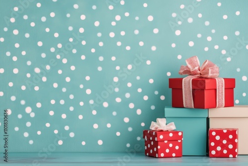 Colorful gift boxes arranged with a decorative bow against a polka dot backgr...