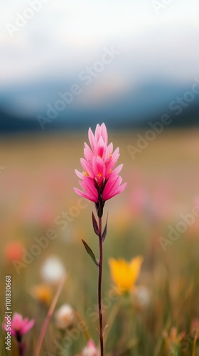 Bright pink flowers bloom in a vast meadow under a clear blue sky with distan...