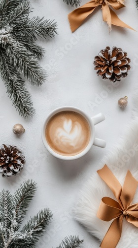 Warm coffee cup surrounded by pine cones and festive decorations in winter se...
