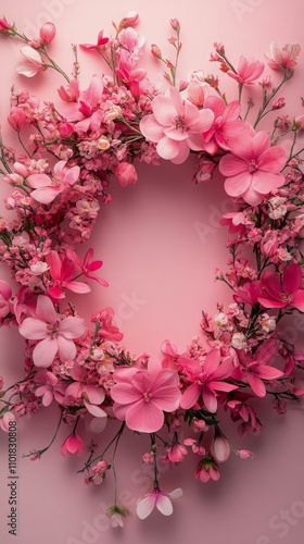 Beautiful floral wreath crafted from pink cherry blossoms against a soft pink...