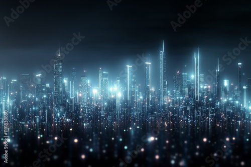 Futuristic city skyline illuminated by neon lights and a digital landscape at...
