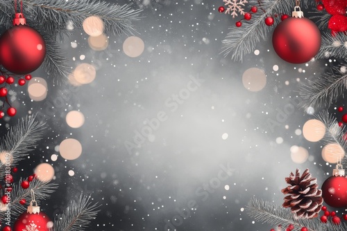 Festive Christmas decoration with red ornaments and pine branches in winter s...