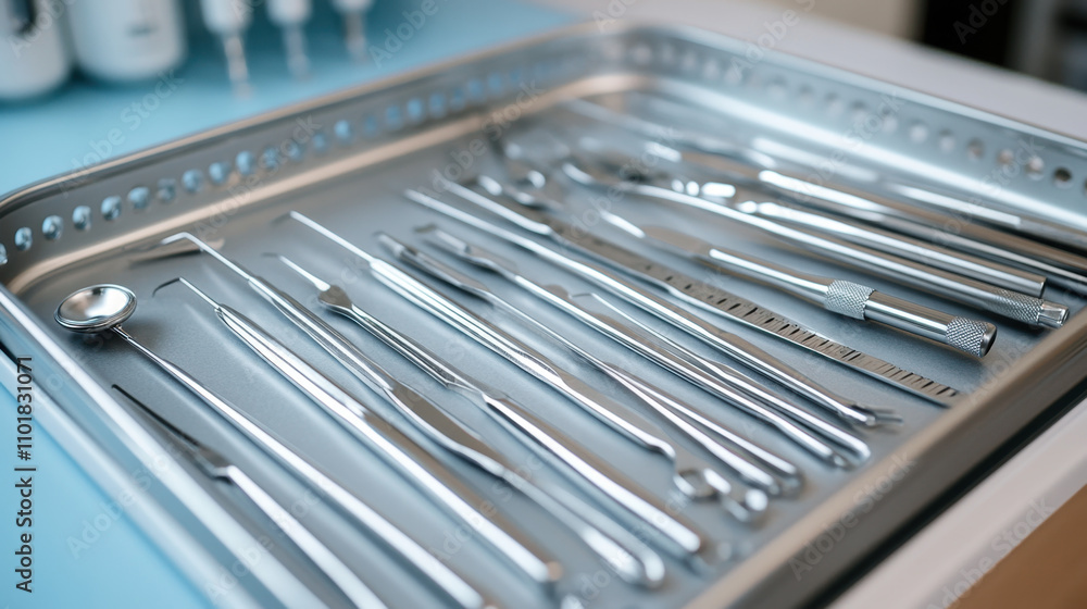A tray filled with various dental instruments arranged neatly, showcasing their shiny metallic surfaces and precision design. A tray filled with various dental instruments arranged neatly, showcasing their shiny metallic surfaces and precision design.