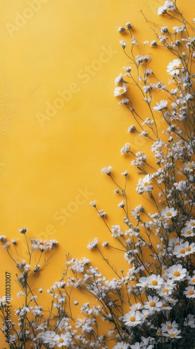 Bright yellow background framed with delicate white flowers creates a cheerfu...