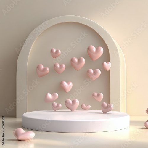Romantic setting with floating heart shapes in a serene environment