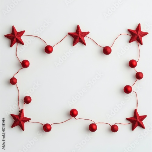Red star and ball garland displayed on a white surface for festive decoration