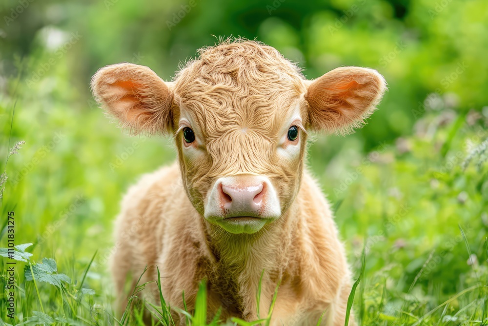 Portrait of a Cute Baby Yellow Calf on a Green Grass Field Portrait of a Cute Baby Yellow Calf on a Green Grass Field