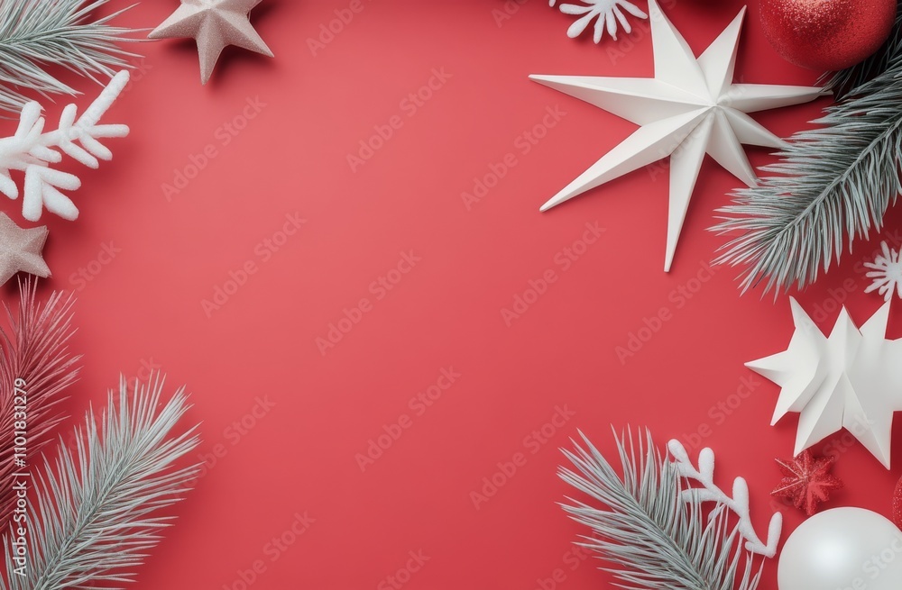Festive decorations arranged on a bright red background for holiday celebrations Festive decorations arranged on a bright red background for holiday celebrations