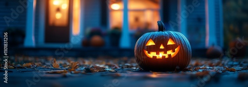 Halloween pumpkins lit up on the front porch of an American house at night. A carved pumpkin with warm light glowing from within, blurred background emphasizing its features.