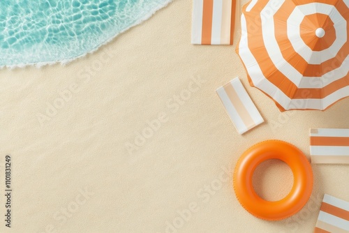 Bright beach accessories on sandy shore ready for summer relaxation and fun