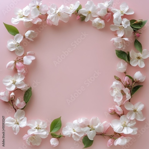 Flower petals and green leaves arranged on soft pink background for spring de...