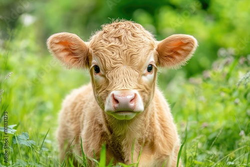 Portrait of a Cute Baby Yellow Calf on a Green Grass Field