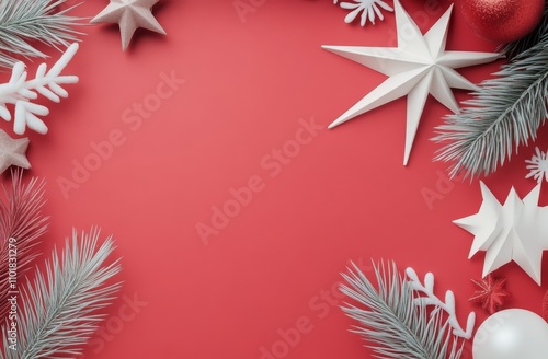 Festive decorations arranged on a bright red background for holiday celebrations