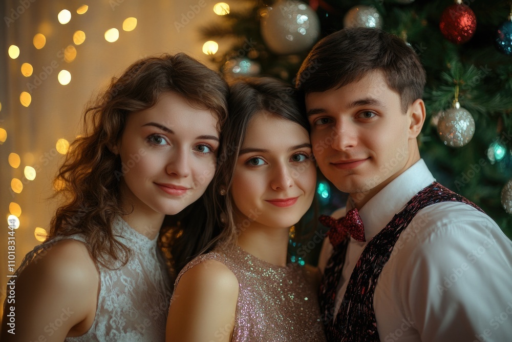 Three people posing in front of a Christmas tree, festive atmosphere Three people posing in front of a Christmas tree, festive atmosphere
