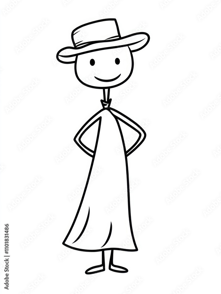 A simple and charming stick figure illustration of a woman wearing a long dress and wide-brimmed hat, embodying a playful and simplistic artistic style. A simple and charming stick figure illustration of a woman wearing a long dress and wide-brimmed hat, embodying a playful and simplistic artistic style.