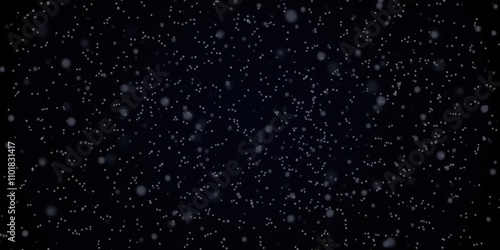 Snow falling gently against a stark black background, creating a peaceful and serene winter scene, evening, seasonal