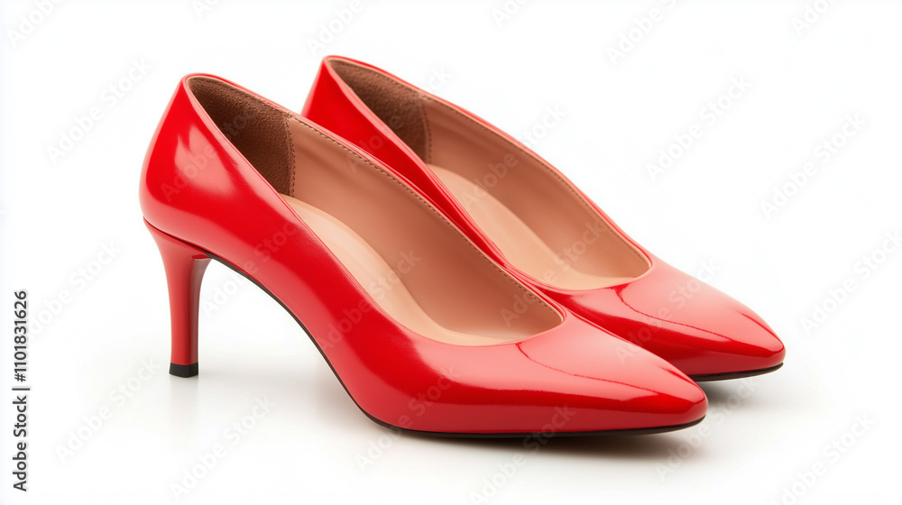 Stylish red high heels with glossy finish, perfect for formal occasions and adding pop of color to any outfit, on white background. Stylish red high heels with glossy finish, perfect for formal occasions and adding pop of color to any outfit, on white background.