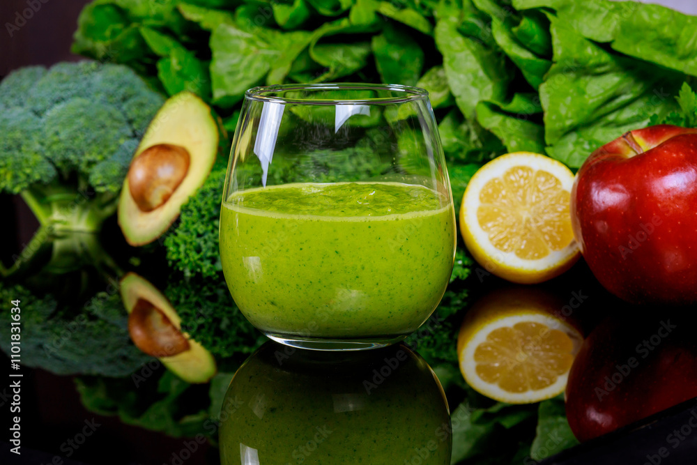 Vibrant green smoothie made with avocado, spinach, and other fresh ingredients sits in a glass. Nearby apple, lemon, and broccoli on reflective surface. Vibrant green smoothie made with avocado, spinach, and other fresh ingredients sits in a glass. Nearby apple, lemon, and broccoli on reflective surface.