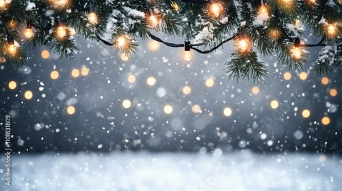 Beautiful winter scene with snow, lights, and evergreen branches creating a c...