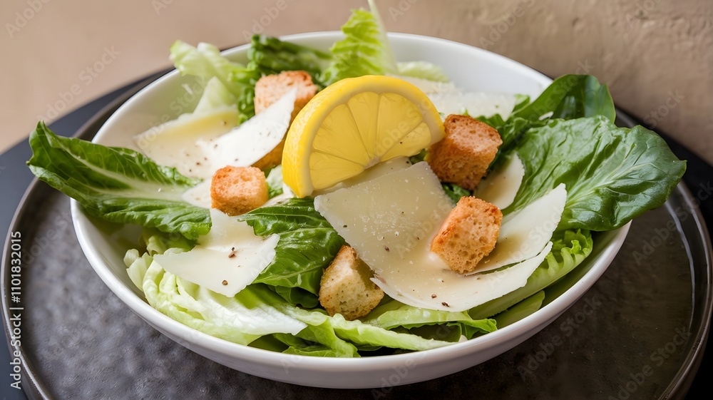 Classic Caesar salad with crisp romaine, shaved parmesan, croutons, and creamy dressing, served on white plate with lemon wedge Classic Caesar salad with crisp romaine, shaved parmesan, croutons, and creamy dressing, served on white plate with lemon wedge