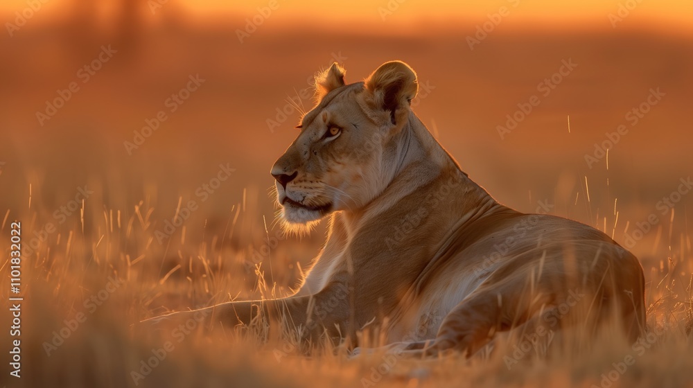 Lioness gazes into the horizon during stunning sunset wildlife animal photography Lioness gazes into the horizon during stunning sunset wildlife animal photography