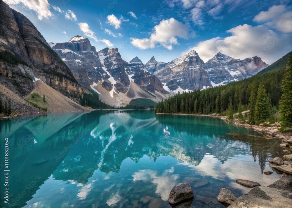 Crystal Clear Lake Reflection in Snow-Capped Mountains with Bokeh Effect Under Bright Blue Sky - Serene Nature Landscape Crystal Clear Lake Reflection in Snow-Capped Mountains with Bokeh Effect Under Bright Blue Sky - Serene Nature Landscape