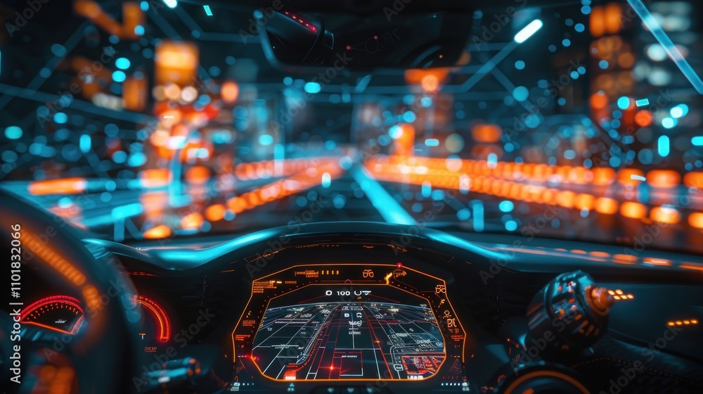 Futuristic car interior with digital displays and vibrant city lights. Futuristic car interior with digital displays and vibrant city lights.
