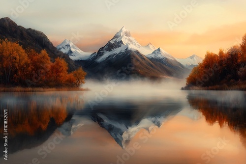 Serene mountainous lake reflecting the warm golden hour dusk skies in an impressionistic landscape painting with soft pastel hues and snow capped peaks