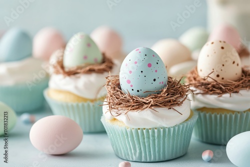 Colorful spring cupcakes with candy eggs and decorative nests for festive cel...
