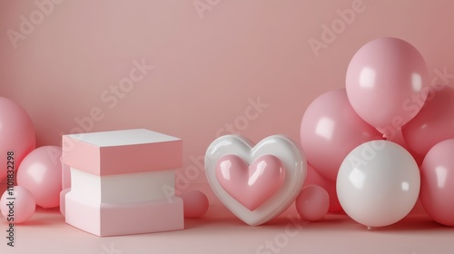 Soft pink decorations with balloons and gift boxes for a celebration or event