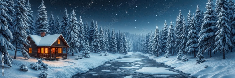 Winter landscape with snow-covered pine trees, a cozy cabin, and a peaceful frozen river, tranquil, snowy Winter landscape with snow-covered pine trees, a cozy cabin, and a peaceful frozen river, tranquil, snowy