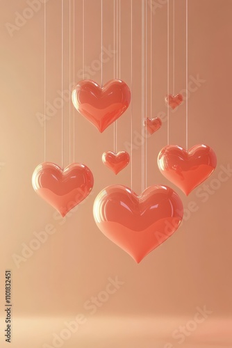 Hanging hearts create a romantic atmosphere in soft pastel tones and warm light