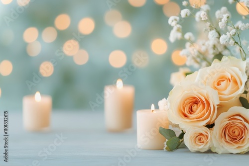 Soft glow of candles and delicate roses creates a serene atmosphere for relax...