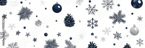Festive decorations featuring blue and silver ornaments with snowflakes and p...