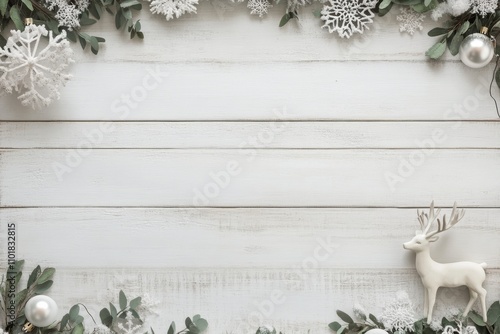 Winter holiday backdrop with decorative elements and a ceramic deer on a wood...