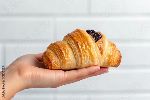 Delicious chocolate croissant in hand showing flaky pastry and rich filling a...