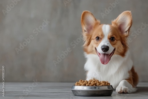Adorable puppy sits beside a bowl of food on a wooden floor in a cozy setting