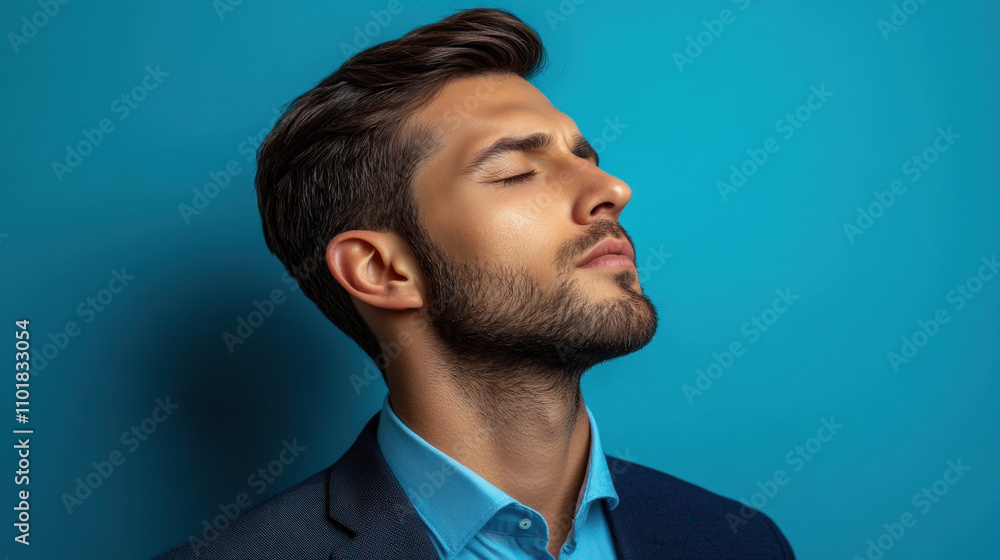 A stylish young man stands against a vibrant blue background, eyes closed, exuding confidence and calmness. A stylish young man stands against a vibrant blue background, eyes closed, exuding confidence and calmness.