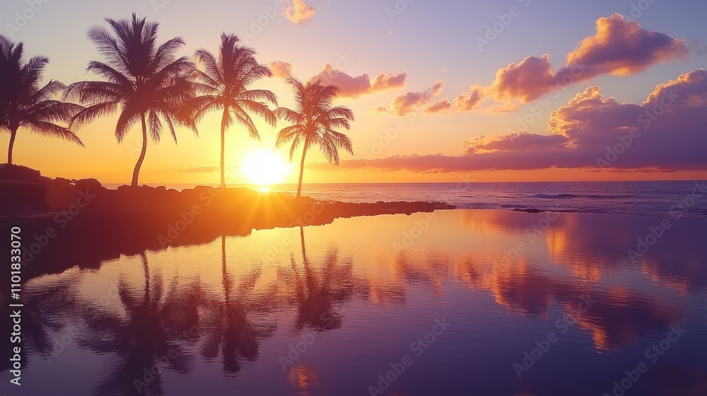 Silhouettes of palm trees against a vibrant sunset over a calm ocean with reflections. Silhouettes of palm trees against a vibrant sunset over a calm ocean with reflections.
