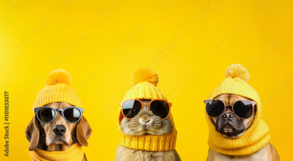 Delightful Dogs Wearing Bright Yellow Hats and Stylish Sunglasses for Fashionable Flair. Christmas banner with copy sapce for sale text.